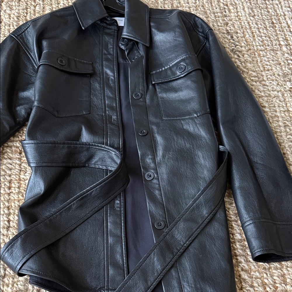 Aritzia Barbara Black faux Leather Button-Front Belted shirt Jacket